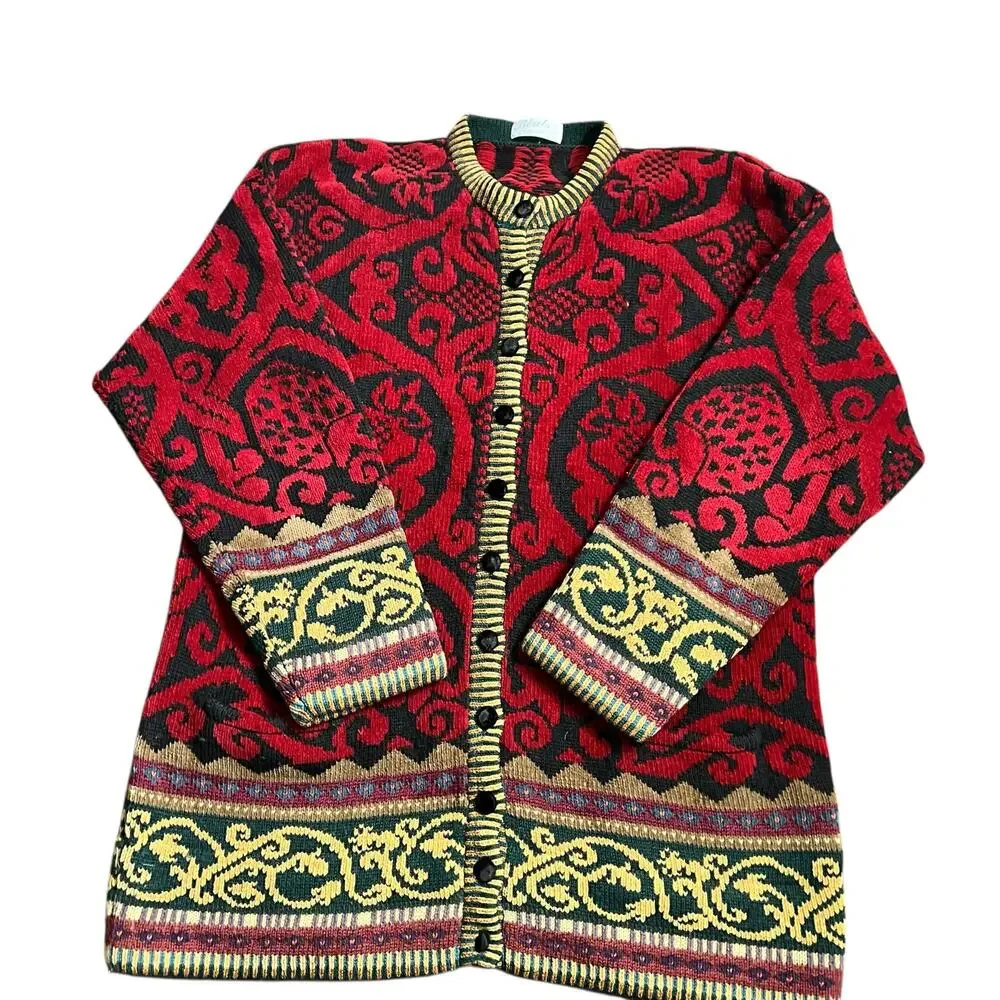 Vintage Maggie White Wool & Cotton Chenille Thick Cardigan Sweater Size  Large